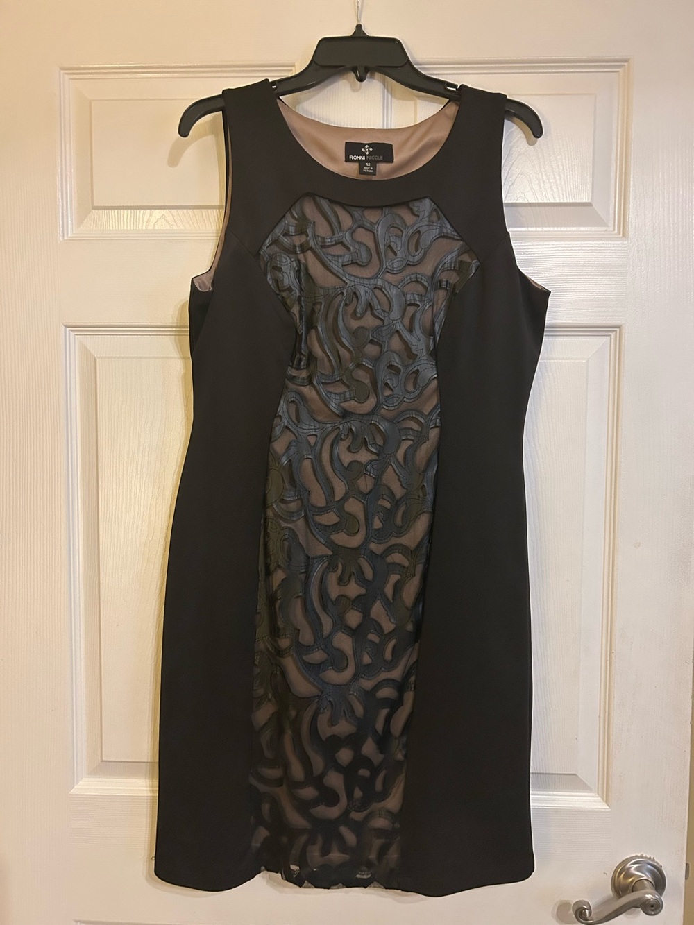 Ronni Nicole Black & Taupe Sheath Dress with Lace Inset